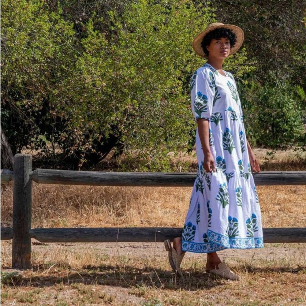 SZ Linen Block Print Dress Gaia Palladio Garden Made in India Floral Dress